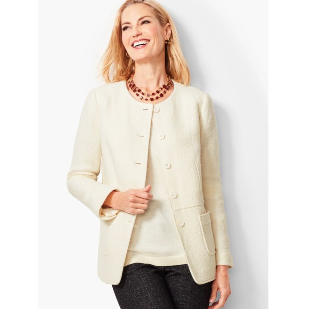 Talbots Boiled Wool Blend Jacket Ivory White Jewel Neck Button Front Blazer 10P